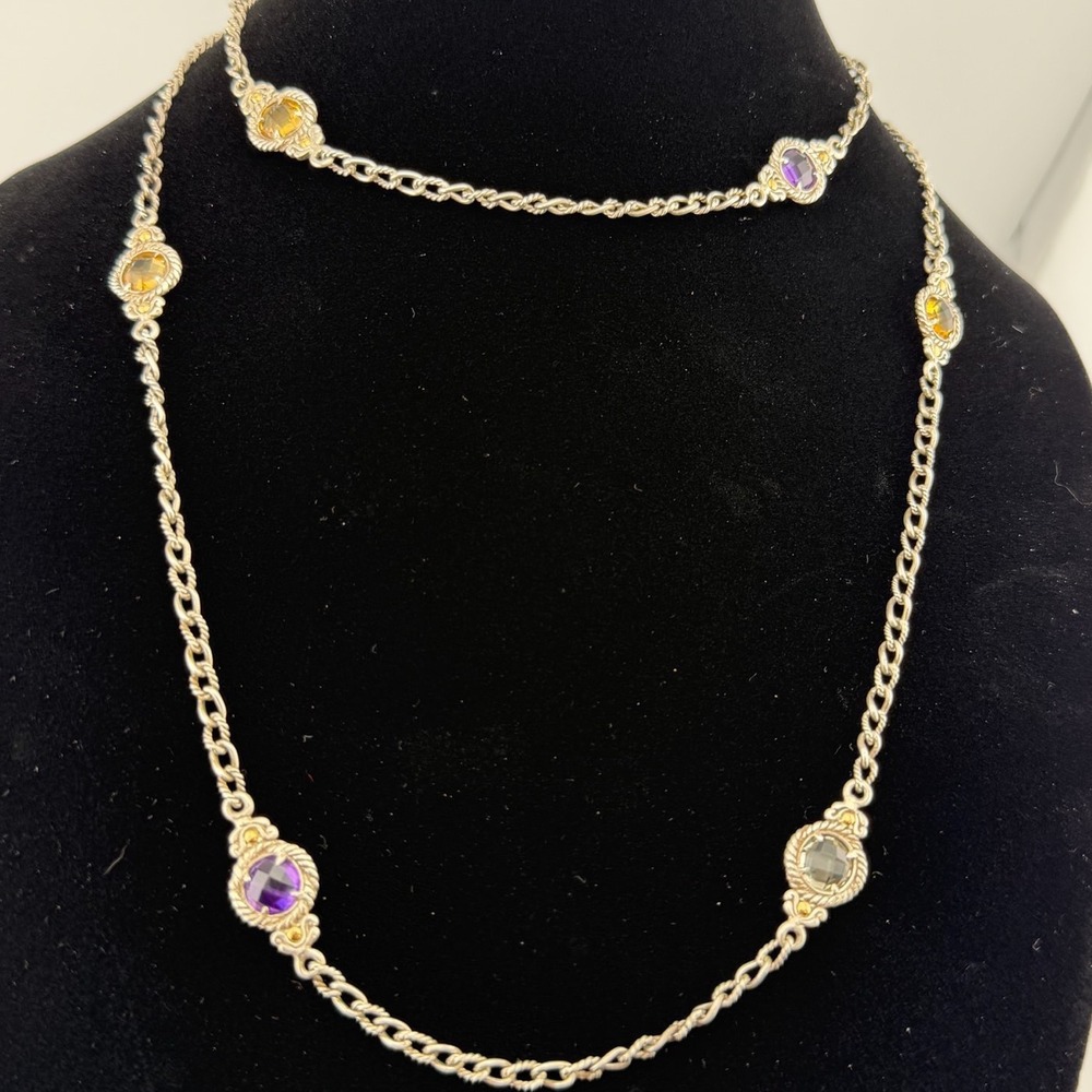Robert Manse Station Necklace 925 Silver & 18k Gold Multi-Gemstone Designer